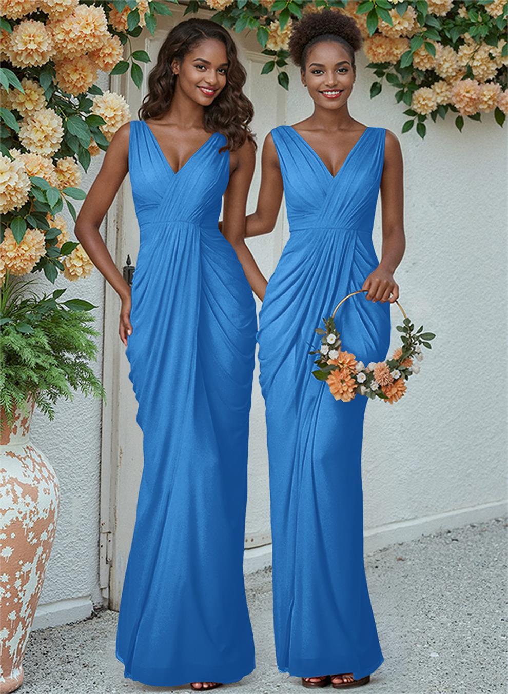 Sheath/Column V-Neck Sleeveless Floor-Length Chiffon Bridesmaid Dresses, product image 30