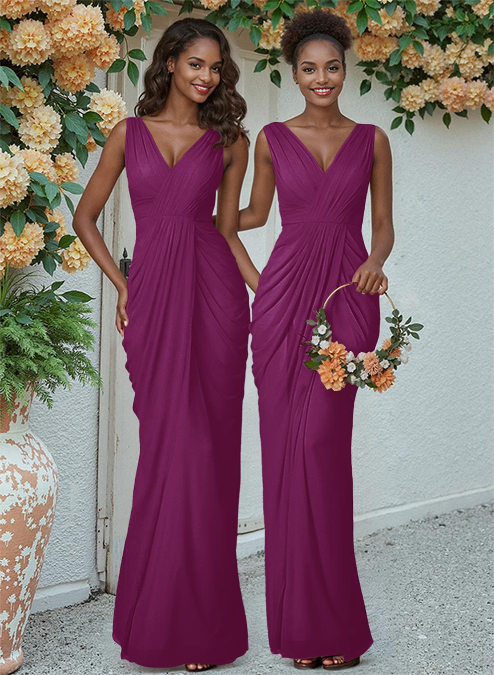 Sheath/Column V-Neck Sleeveless Floor-Length Chiffon Bridesmaid Dresses, product image 117