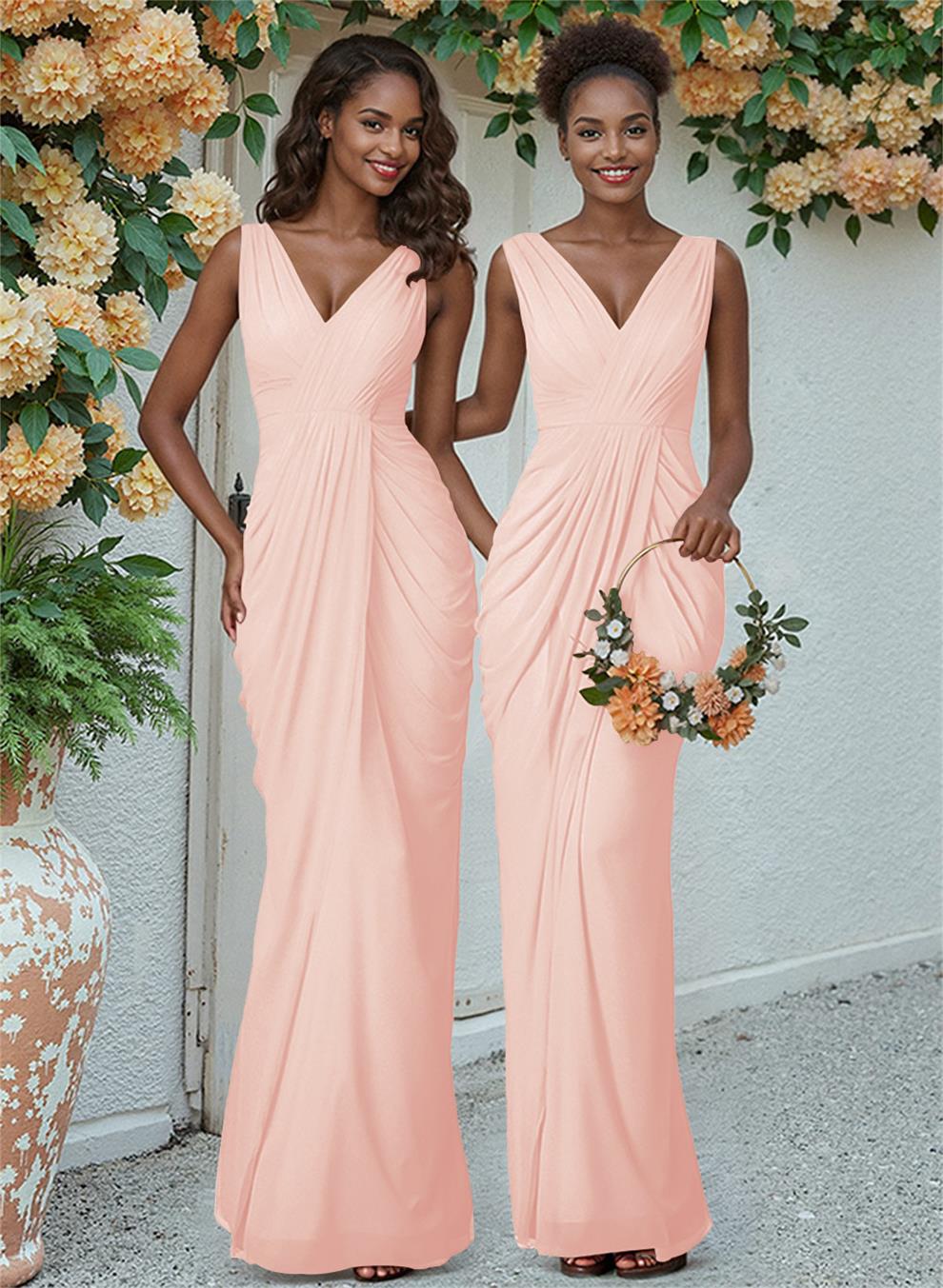 Sheath/Column V-Neck Sleeveless Floor-Length Chiffon Bridesmaid Dresses, product image 69