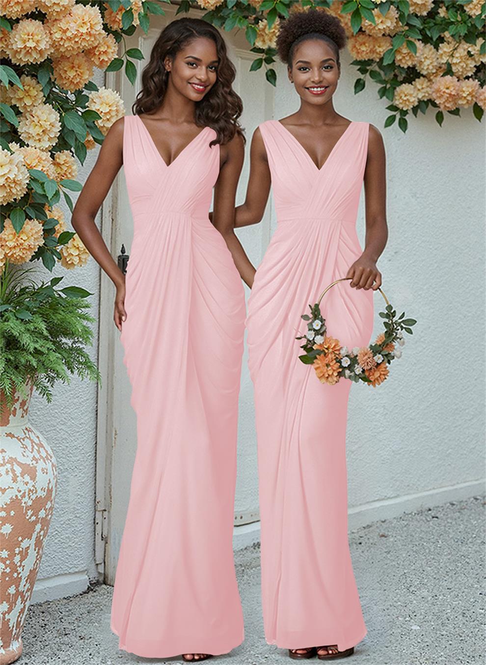 Sheath/Column V-Neck Sleeveless Floor-Length Chiffon Bridesmaid Dresses, product image 78
