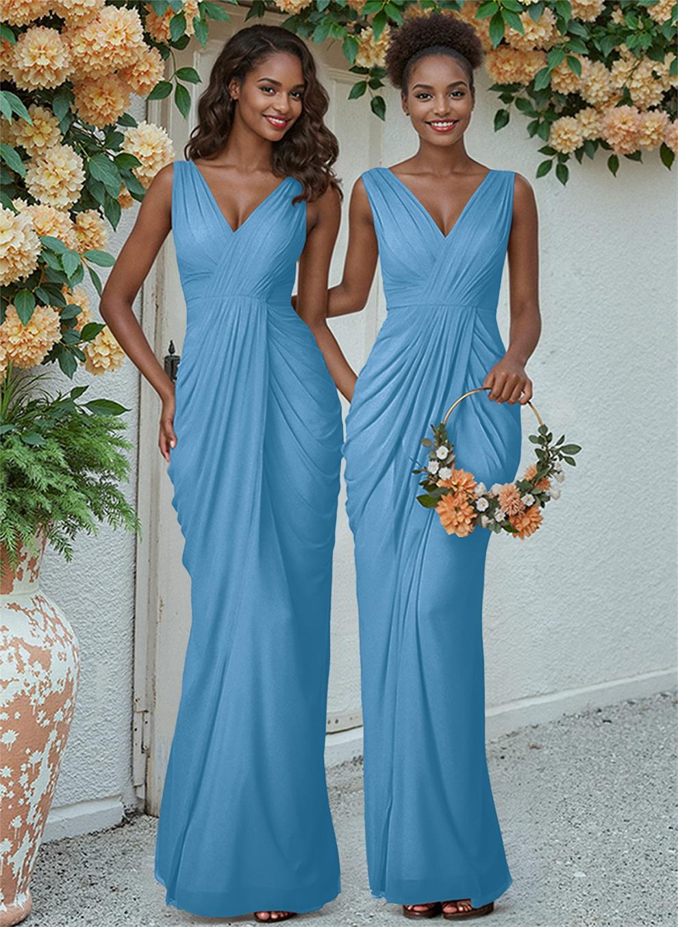 Sheath/Column V-Neck Sleeveless Floor-Length Chiffon Bridesmaid Dresses, product image 33