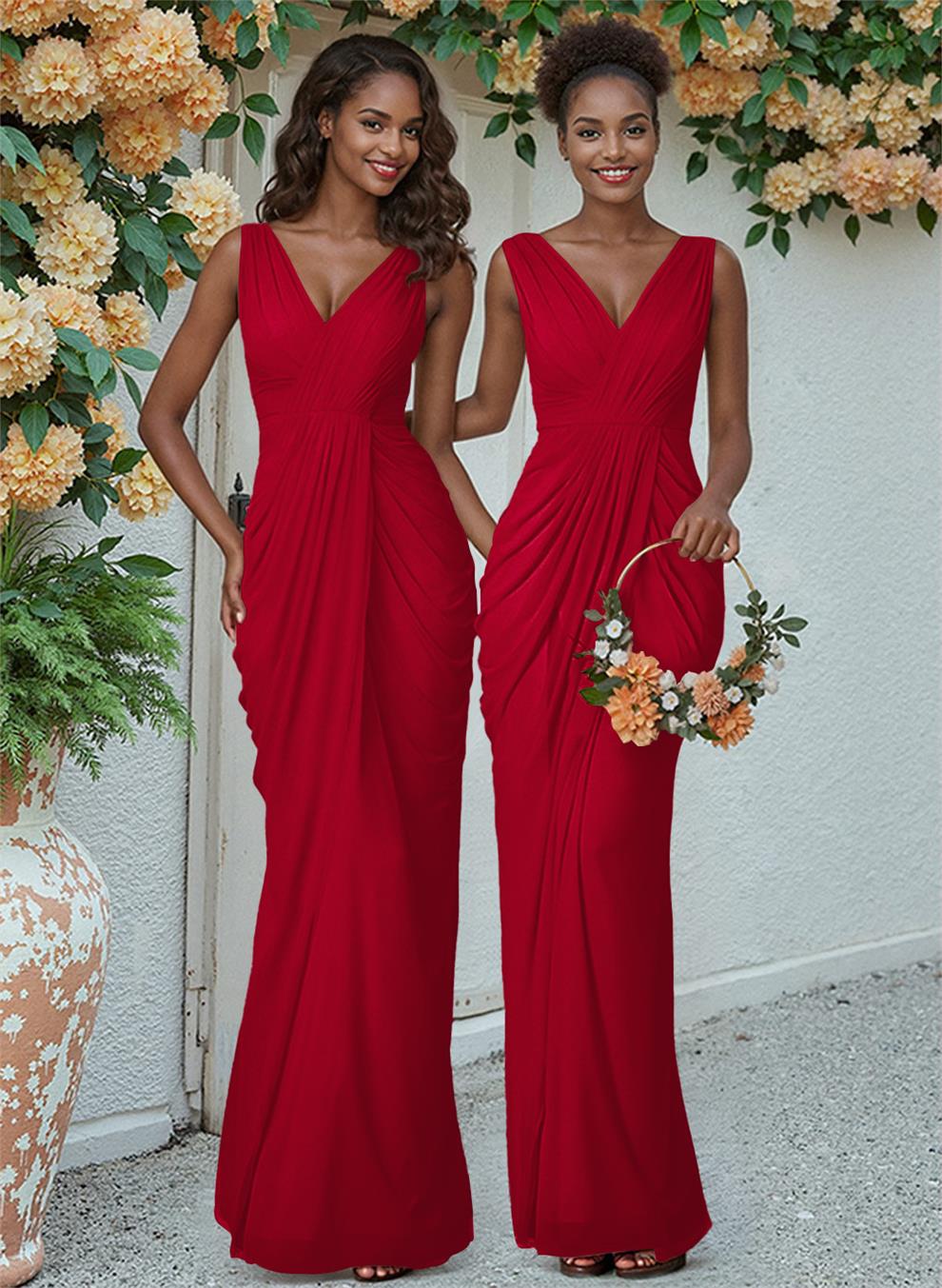 Sheath/Column V-Neck Sleeveless Floor-Length Chiffon Bridesmaid Dresses, product image 57