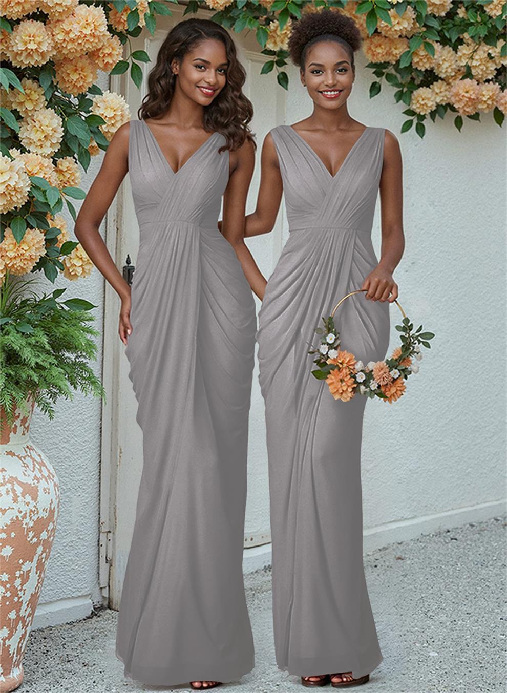 Sheath/Column V-Neck Sleeveless Floor-Length Chiffon Bridesmaid Dresses, product image 180