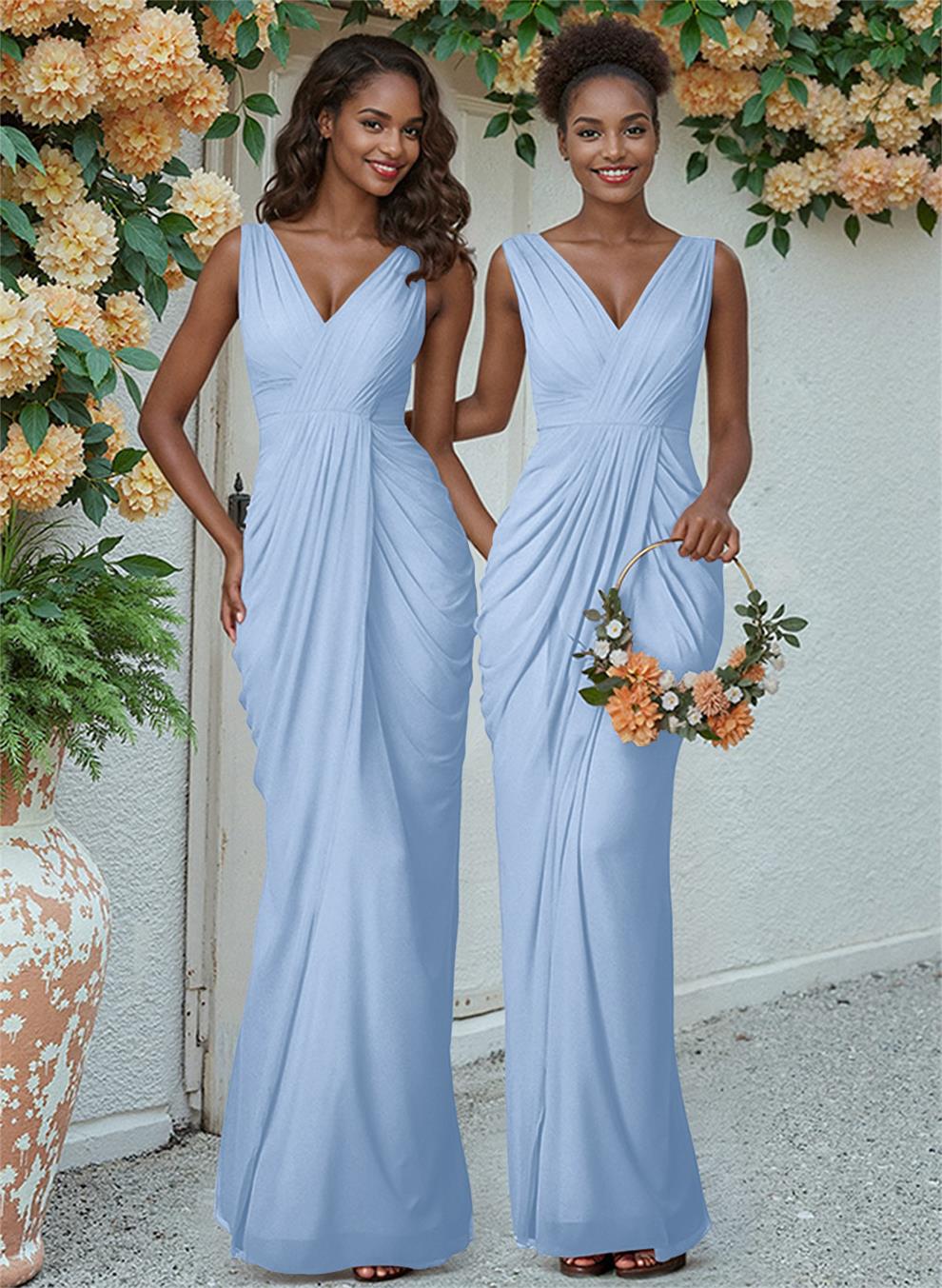 Sheath/Column V-Neck Sleeveless Floor-Length Chiffon Bridesmaid Dresses, product image 39
