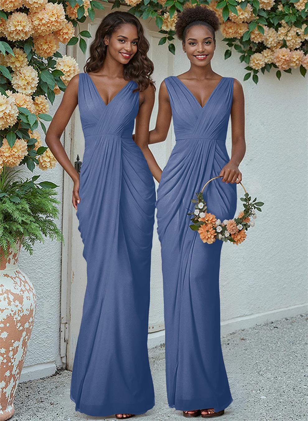 Sheath/Column V-Neck Sleeveless Floor-Length Chiffon Bridesmaid Dresses, product image 18