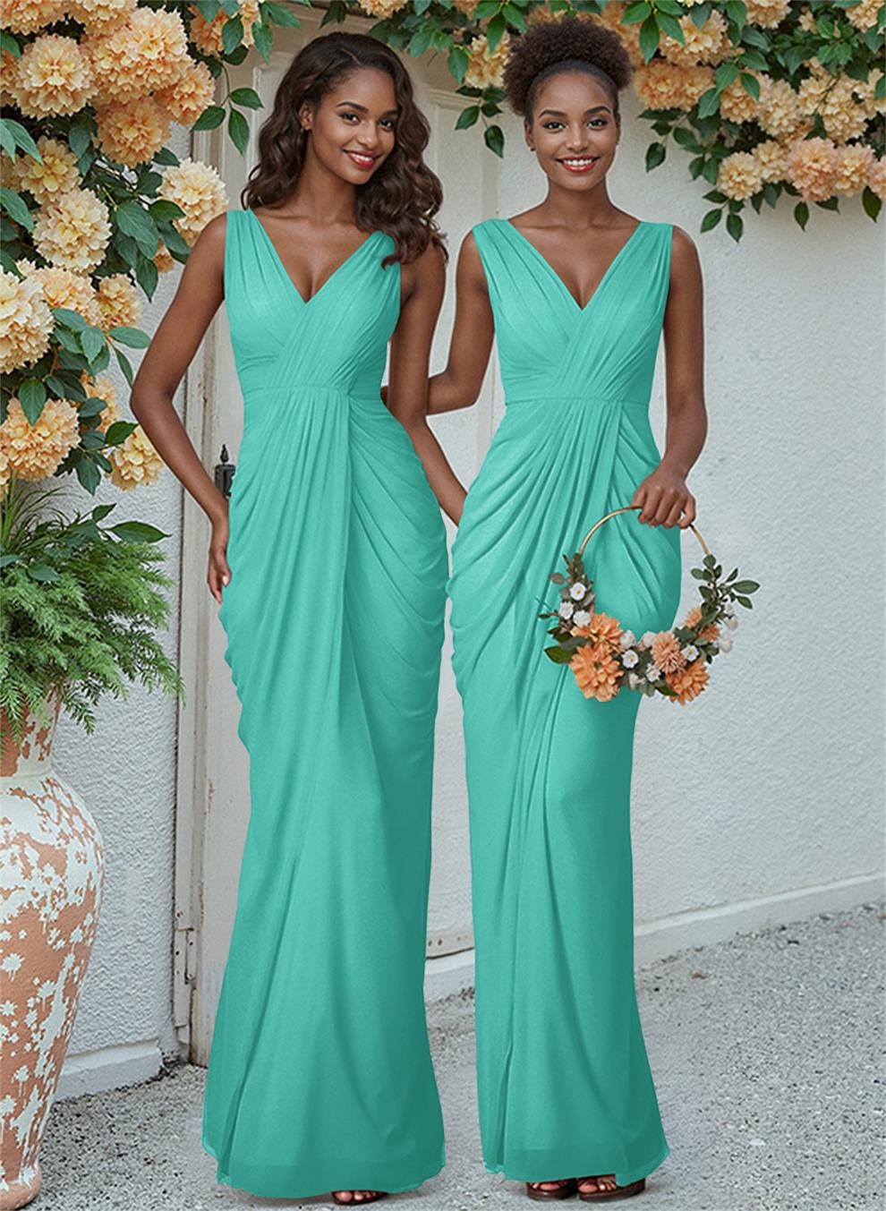 Sheath/Column V-Neck Sleeveless Floor-Length Chiffon Bridesmaid Dresses, product image 150