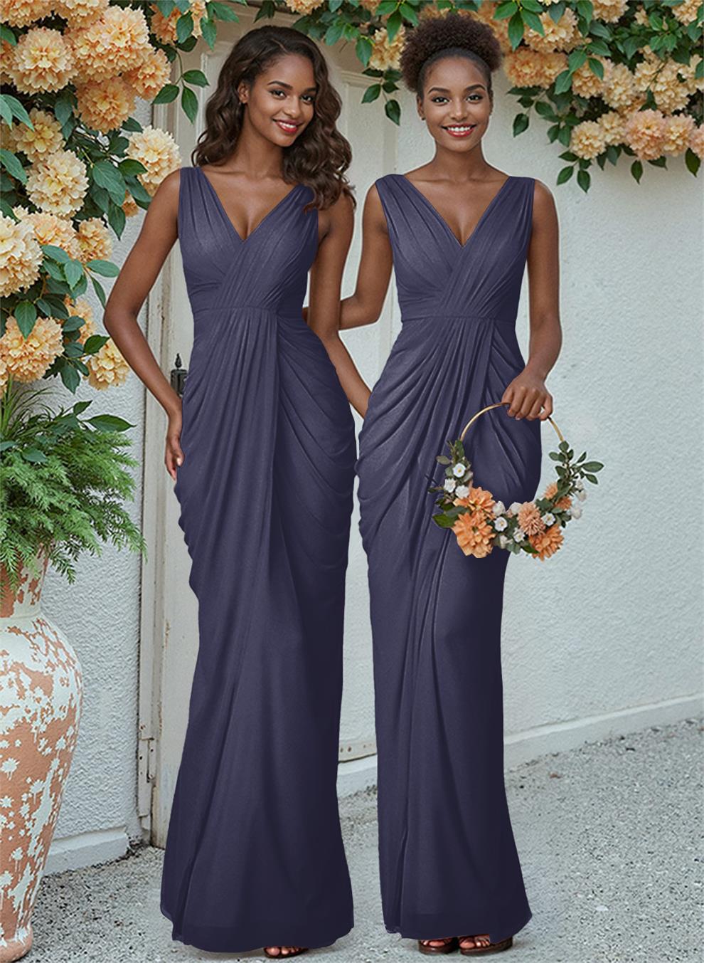Sheath/Column V-Neck Sleeveless Floor-Length Chiffon Bridesmaid Dresses, product image 21