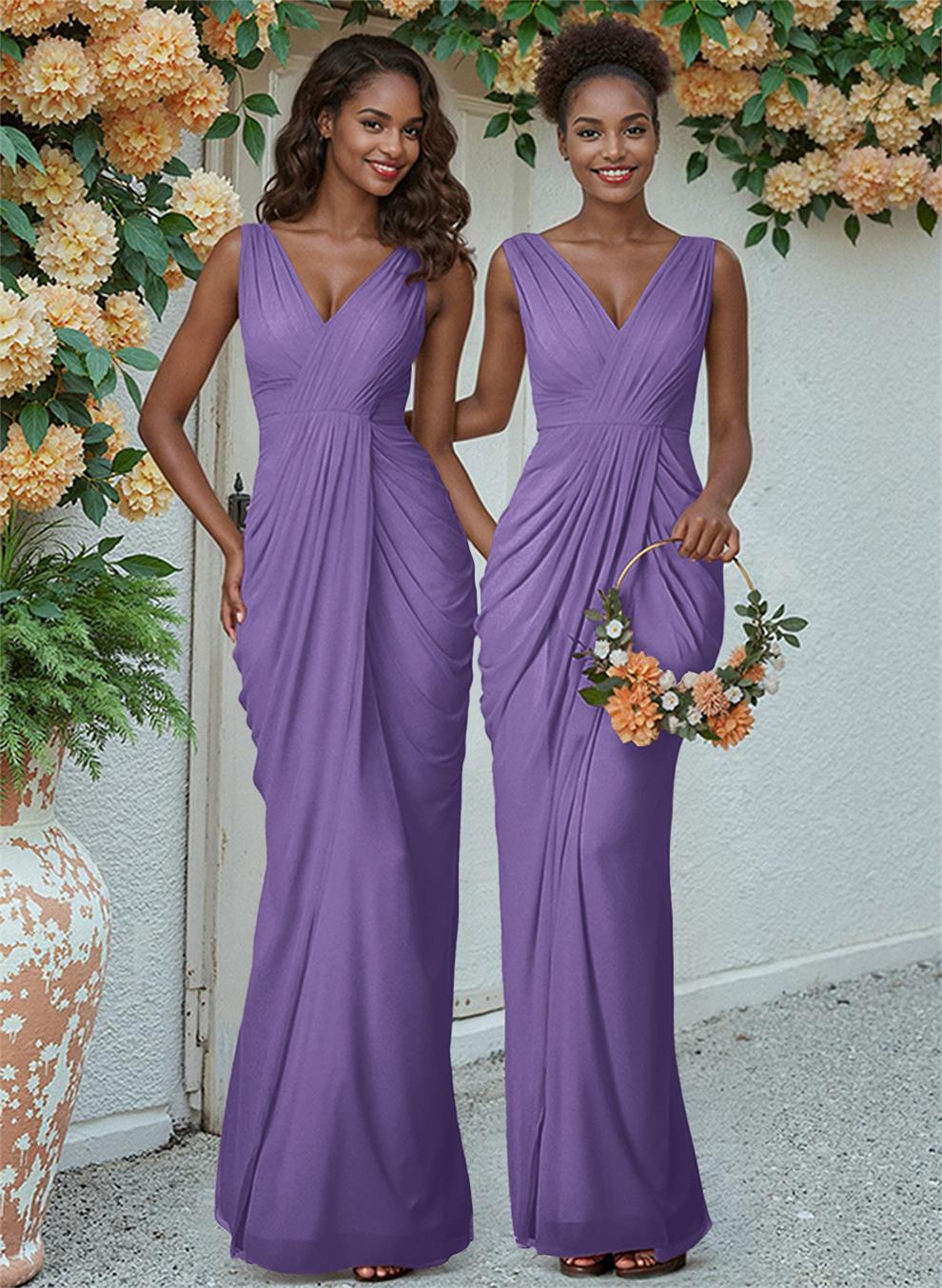 Sheath/Column V-Neck Sleeveless Floor-Length Chiffon Bridesmaid Dresses, product image 108