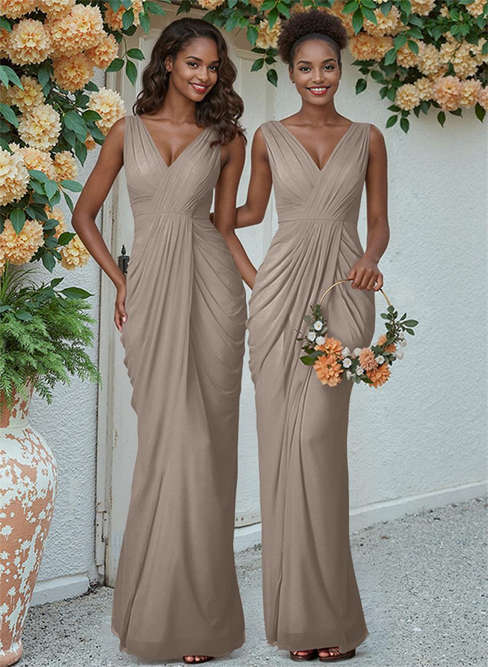 Sheath/Column V-Neck Sleeveless Floor-Length Chiffon Bridesmaid Dresses, product image 156