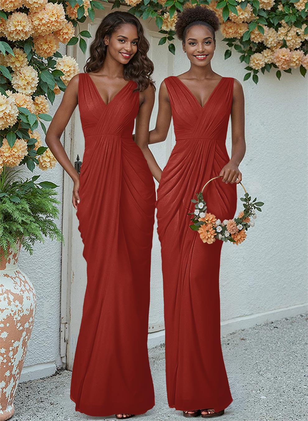 Sheath/Column V-Neck Sleeveless Floor-Length Chiffon Bridesmaid Dresses, product image 60