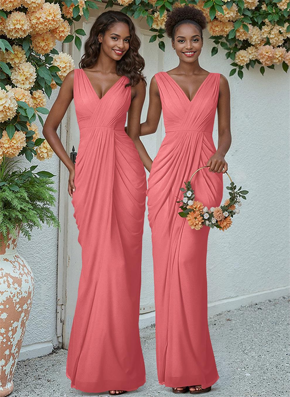Sheath/Column V-Neck Sleeveless Floor-Length Chiffon Bridesmaid Dresses, product image 63
