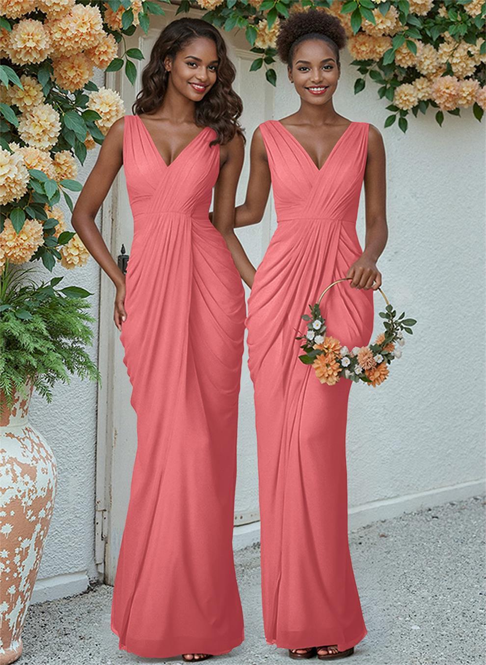 Sheath/Column V-Neck Sleeveless Floor-Length Chiffon Bridesmaid Dresses, product image 63