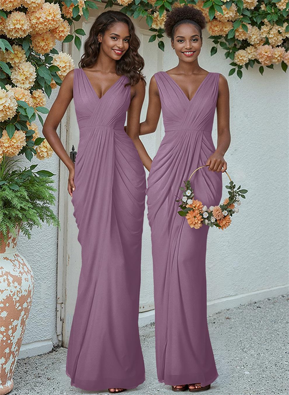 Sheath/Column V-Neck Sleeveless Floor-Length Chiffon Bridesmaid Dresses, product image 93