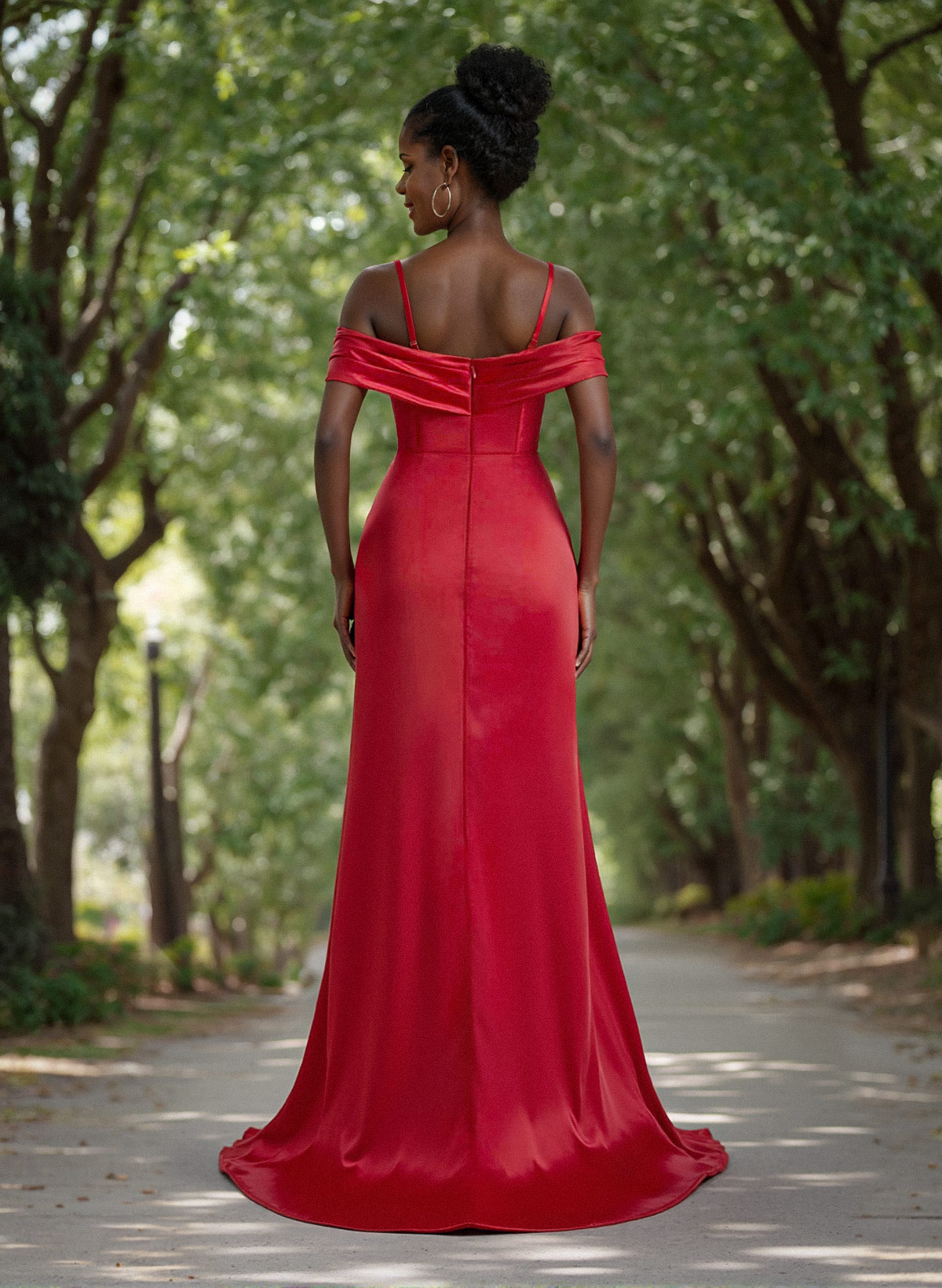 Unique Cold Shoulder Corset Ruched Stretch Satin Knit Bridesmaid Dresses With Lace, image 2