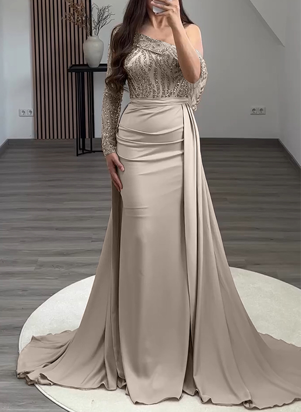 Sheath/Column Asymmetrical Long Sleeves Sweep Train Satin Evening Dresses With Sequins/Lace in Beige, US2