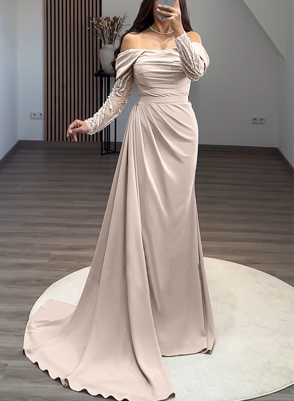 Sheath/Column Off-The-Shoulder Satin Evening Dresses With Sweeping Side Drape in Beige, US2