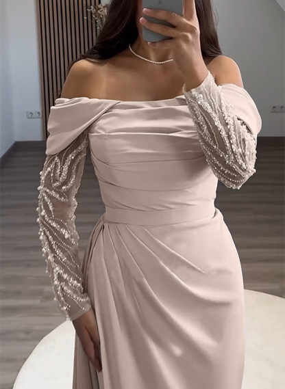 Sheath/Column Off-The-Shoulder Satin Evening Dresses With Sweeping Side Drape, supplier image 2