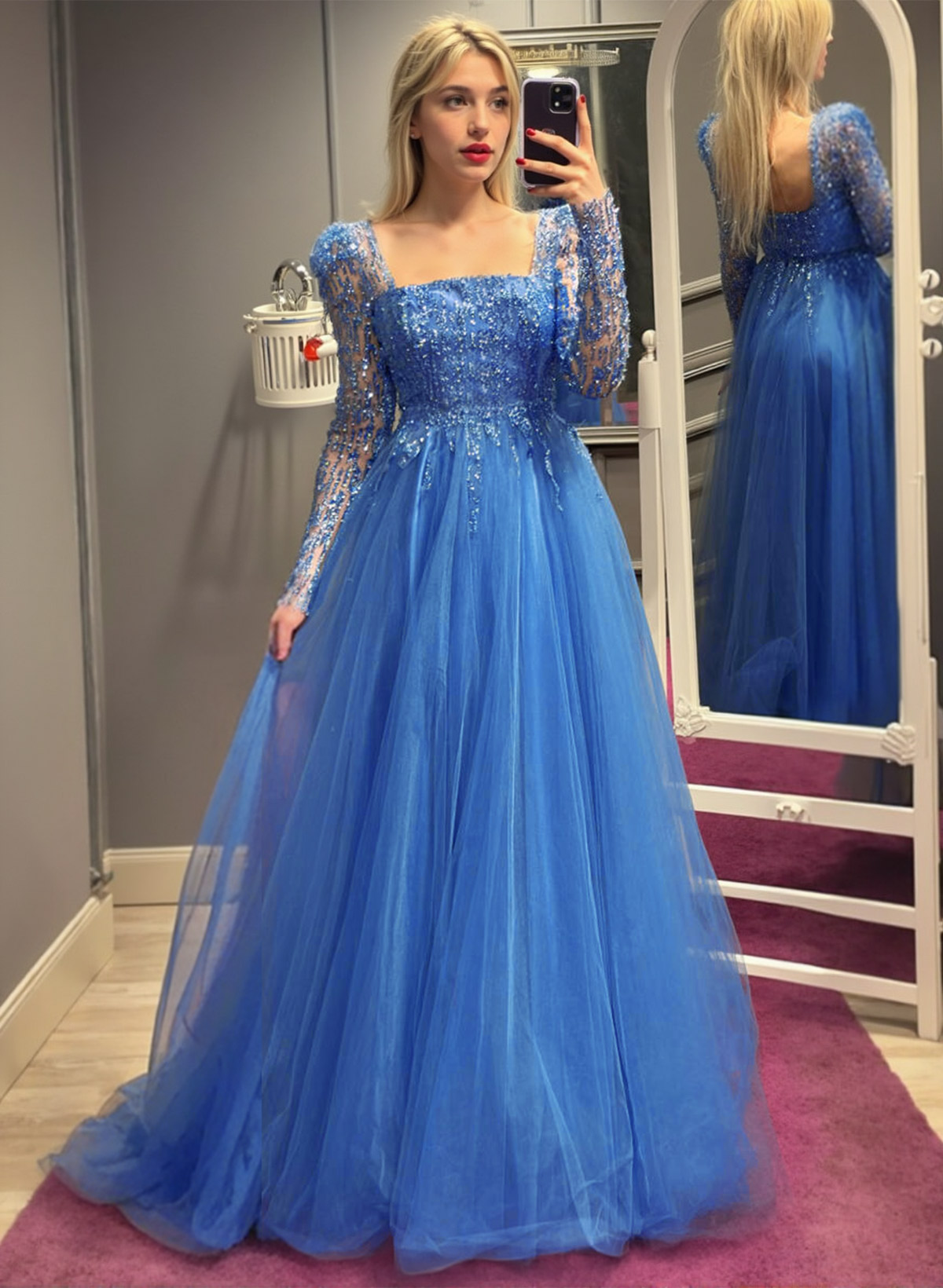 Dreamy A-Line Square Neckline Long Sleeves Tulle Evening Dresses With Sequins in Ocean Blue, US2