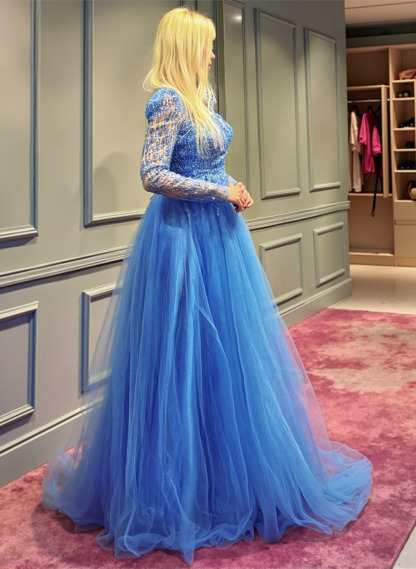Dreamy A-Line Square Neckline Long Sleeves Tulle Evening Dresses With Sequins, supplier image 2