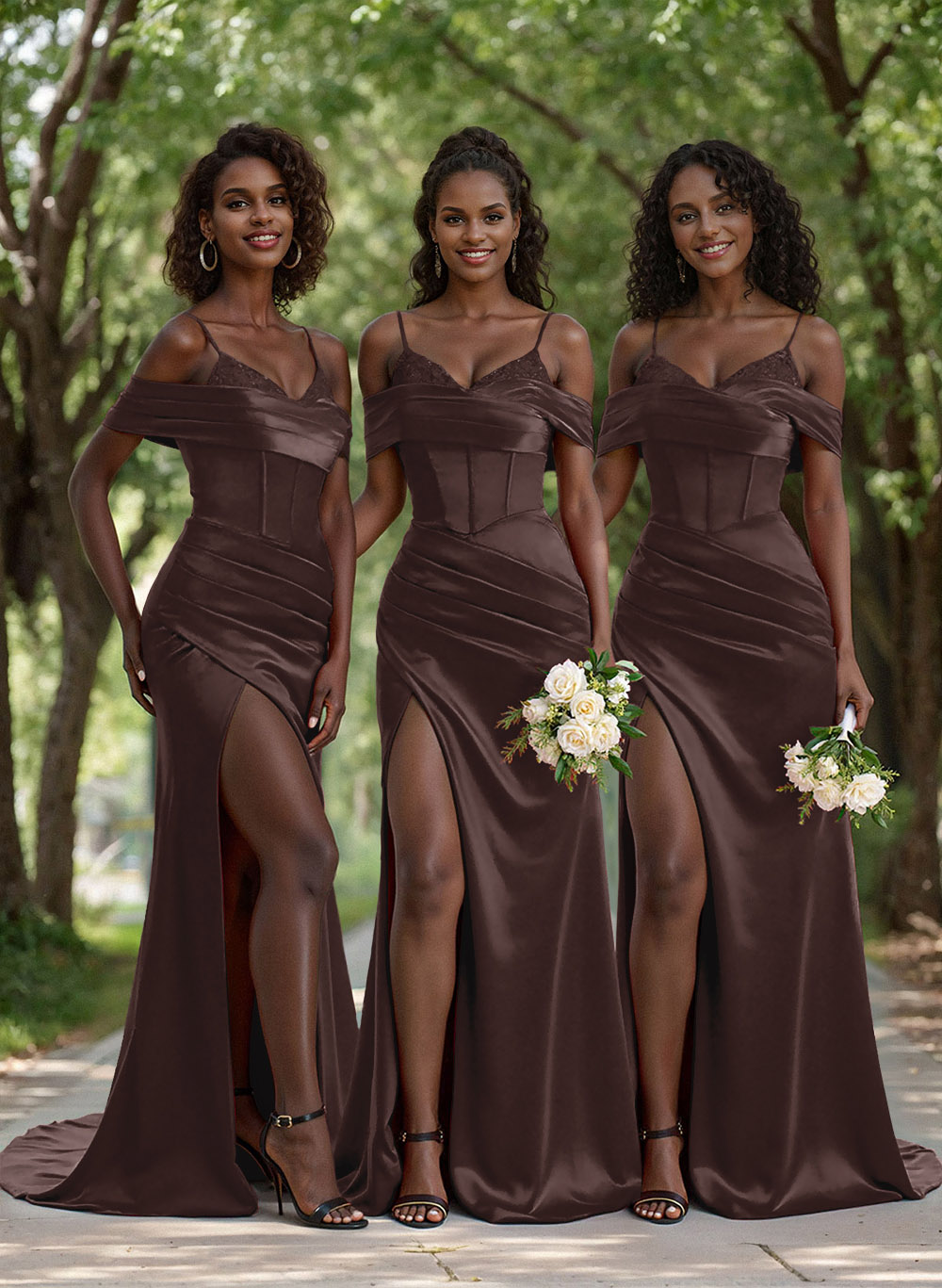 Unique Cold Shoulder Corset Ruched Stretch Satin Knit Bridesmaid Dresses With Lace, image 14