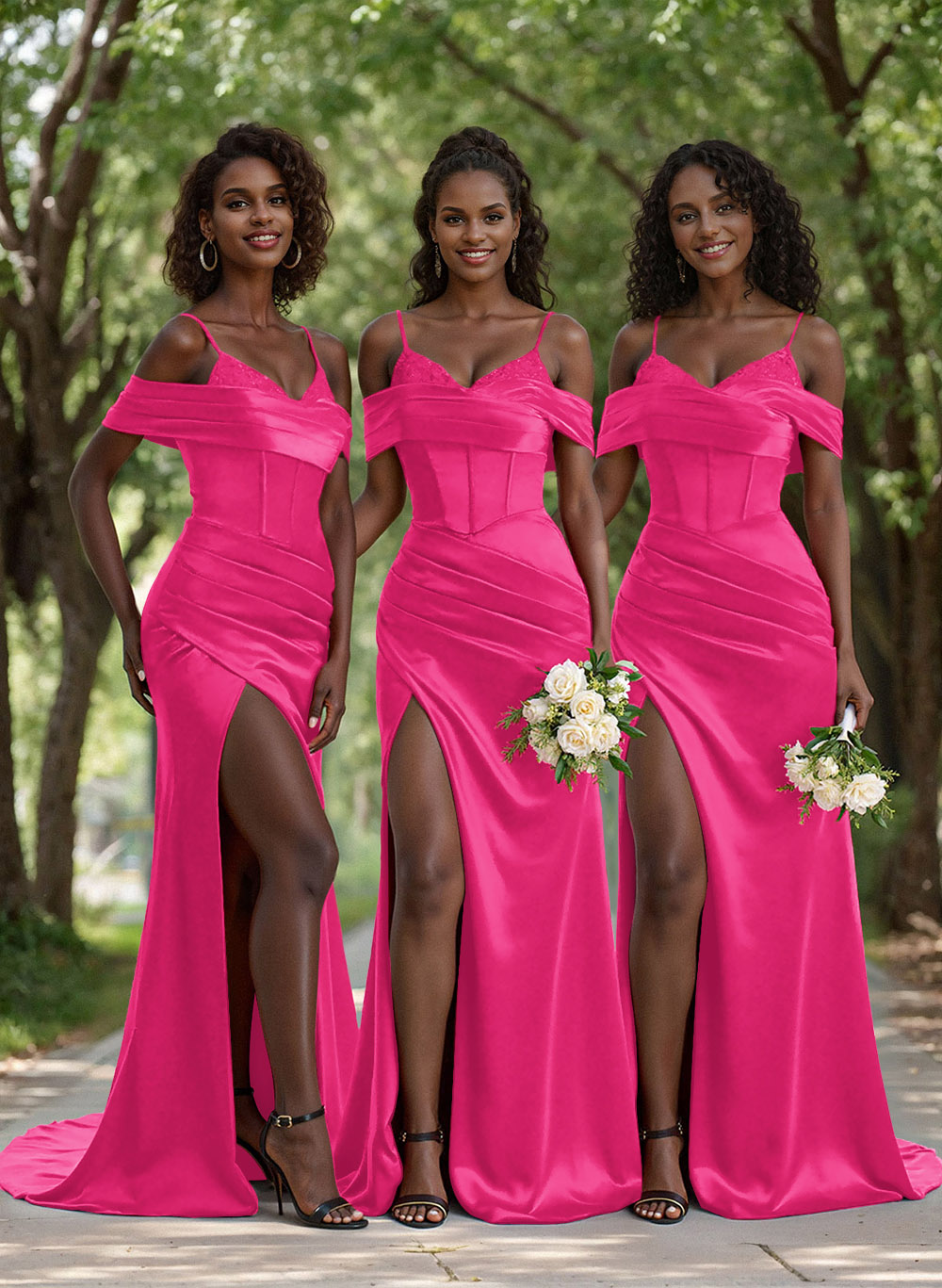Unique Cold Shoulder Corset Ruched Stretch Satin Knit Bridesmaid Dresses With Lace, image 8