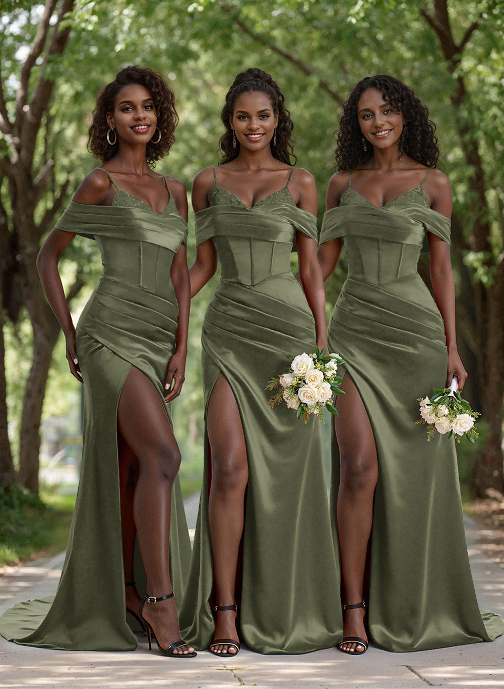 Unique Cold Shoulder Corset Ruched Stretch Satin Knit Bridesmaid Dresses With Lace, image 7