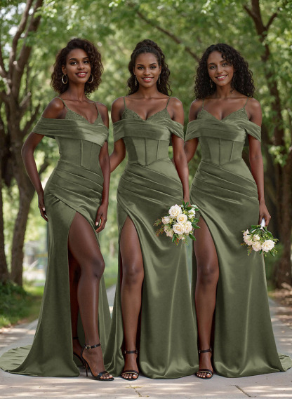 Unique Cold Shoulder Corset Ruched Stretch Satin Knit Bridesmaid Dresses With Lace