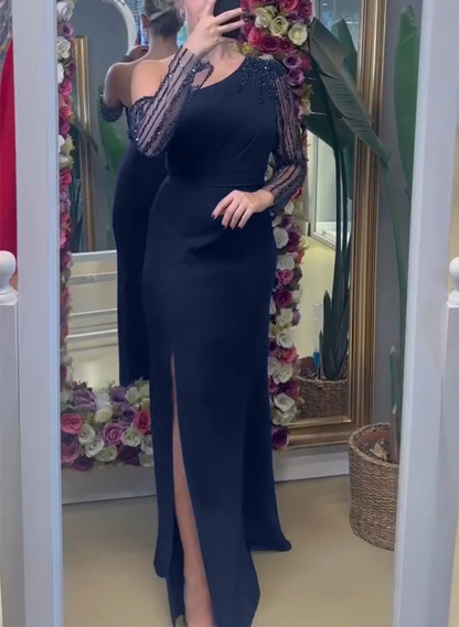 Classy Asymmetrical Long Sleeves Silk Like Satin Evening Dresses With Sequins in Navy Blue, US2