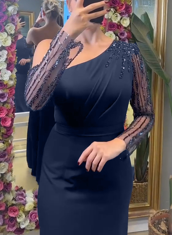 Classy Asymmetrical Long Sleeves Silk Like Satin Evening Dresses With Sequins, supplier image 2