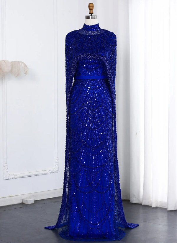 Sheath Column High Neck Long Sleeves Sweep Train Lace Satin Tulle Mother Of The Bride Dresses