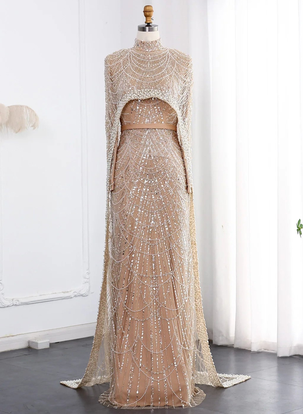 Sheath Column High Neck Long Sleeves Sweep Train Lace Satin Tulle Mother Of The Bride Dresses