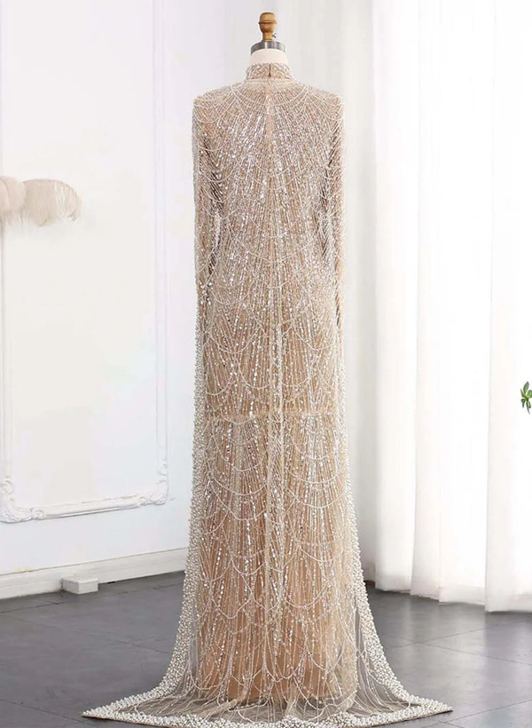 Sheath Column High Neck Long Sleeves Sweep Train Lace Satin Tulle Mother Of The Bride Dresses