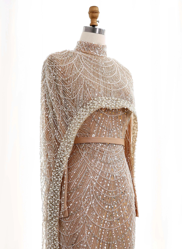 Sheath Column High Neck Long Sleeves Sweep Train Lace Satin Tulle Mother Of The Bride Dresses