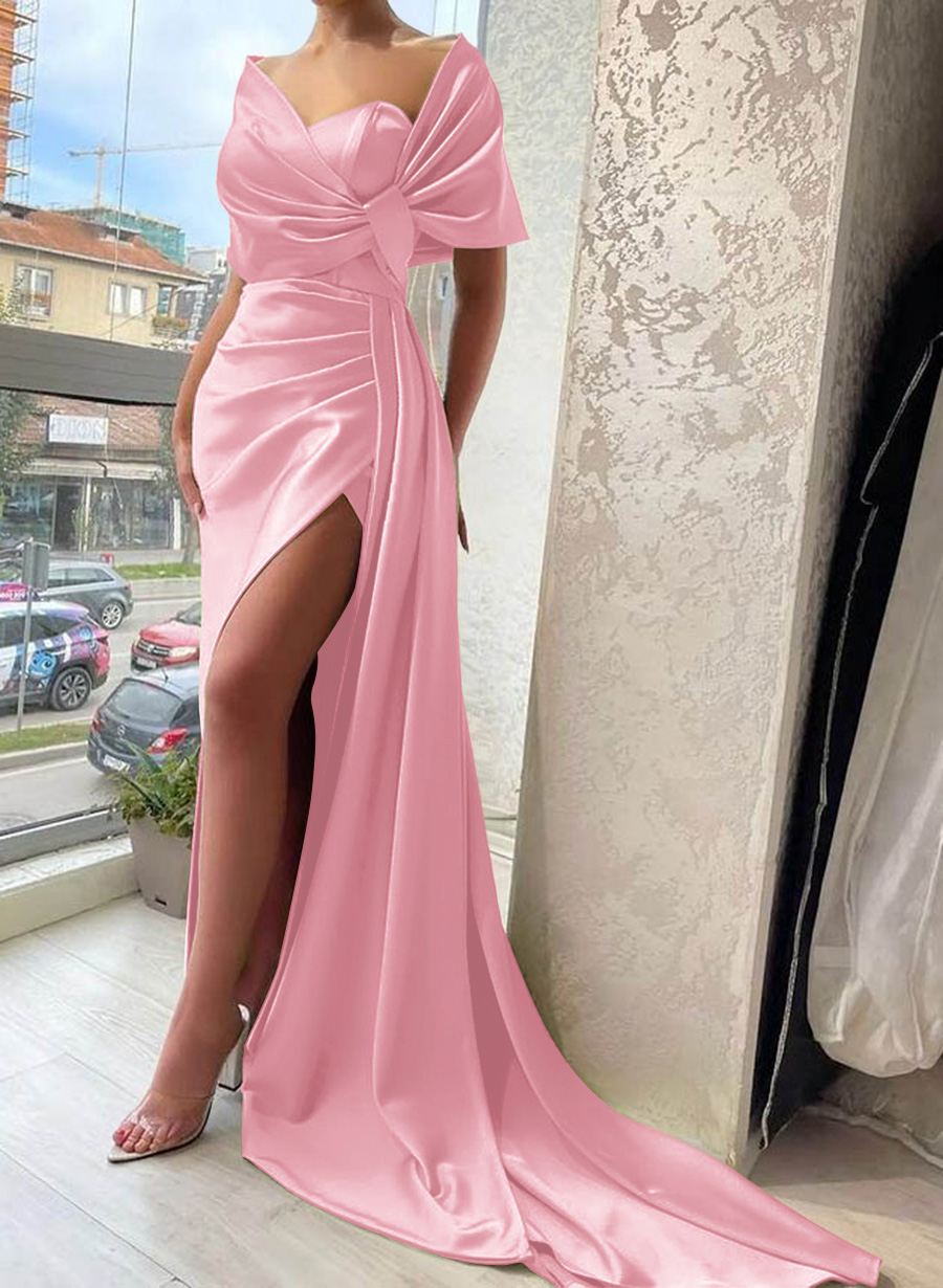 Whimsical Bow Wrap Asymmetric Silk Like Satin Bridesmaid Dresses With Front Slit, product image 17