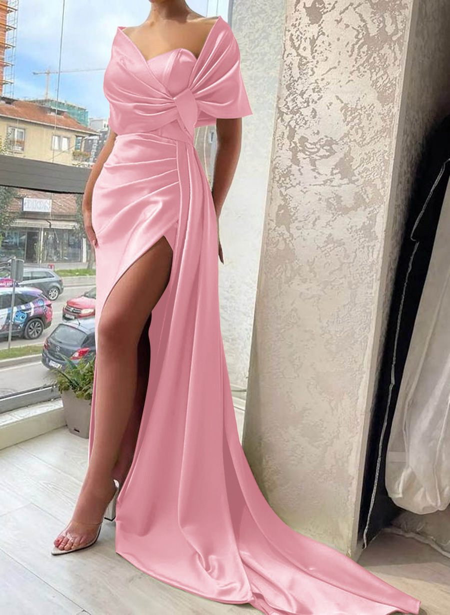 Whimsical Bow Wrap Asymmetric Silk Like Satin Bridesmaid Dresses With Front Slit, product image 17