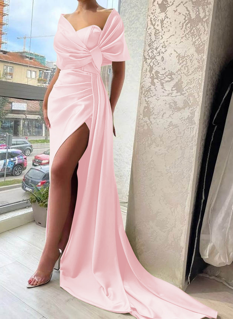 Whimsical Bow Wrap Asymmetric Silk Like Satin Bridesmaid Dresses With Front Slit, product image 33