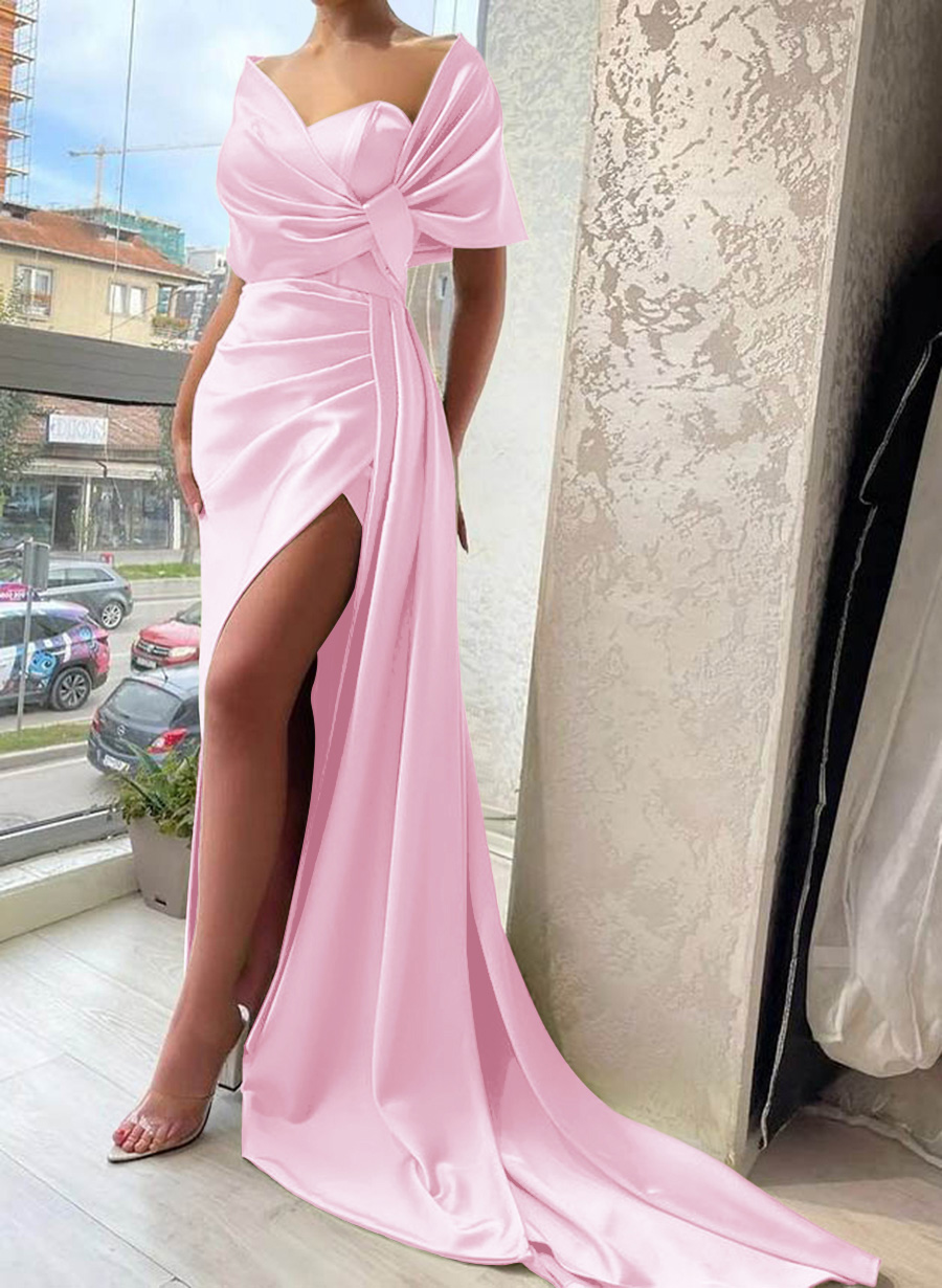 Whimsical Bow Wrap Asymmetric Silk Like Satin Bridesmaid Dresses With Front Slit, product image 141