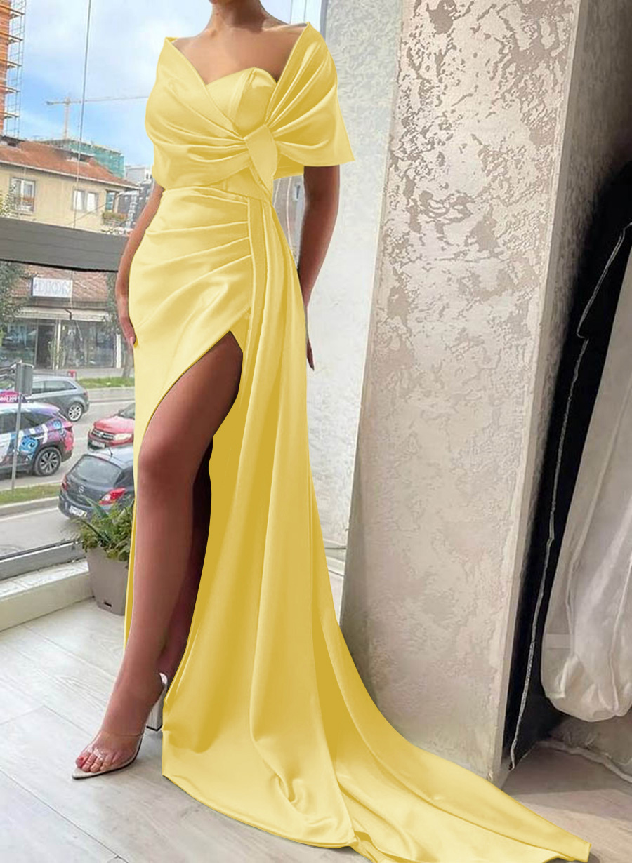 Whimsical Bow Wrap Asymmetric Silk Like Satin Bridesmaid Dresses With Front Slit, product image 101
