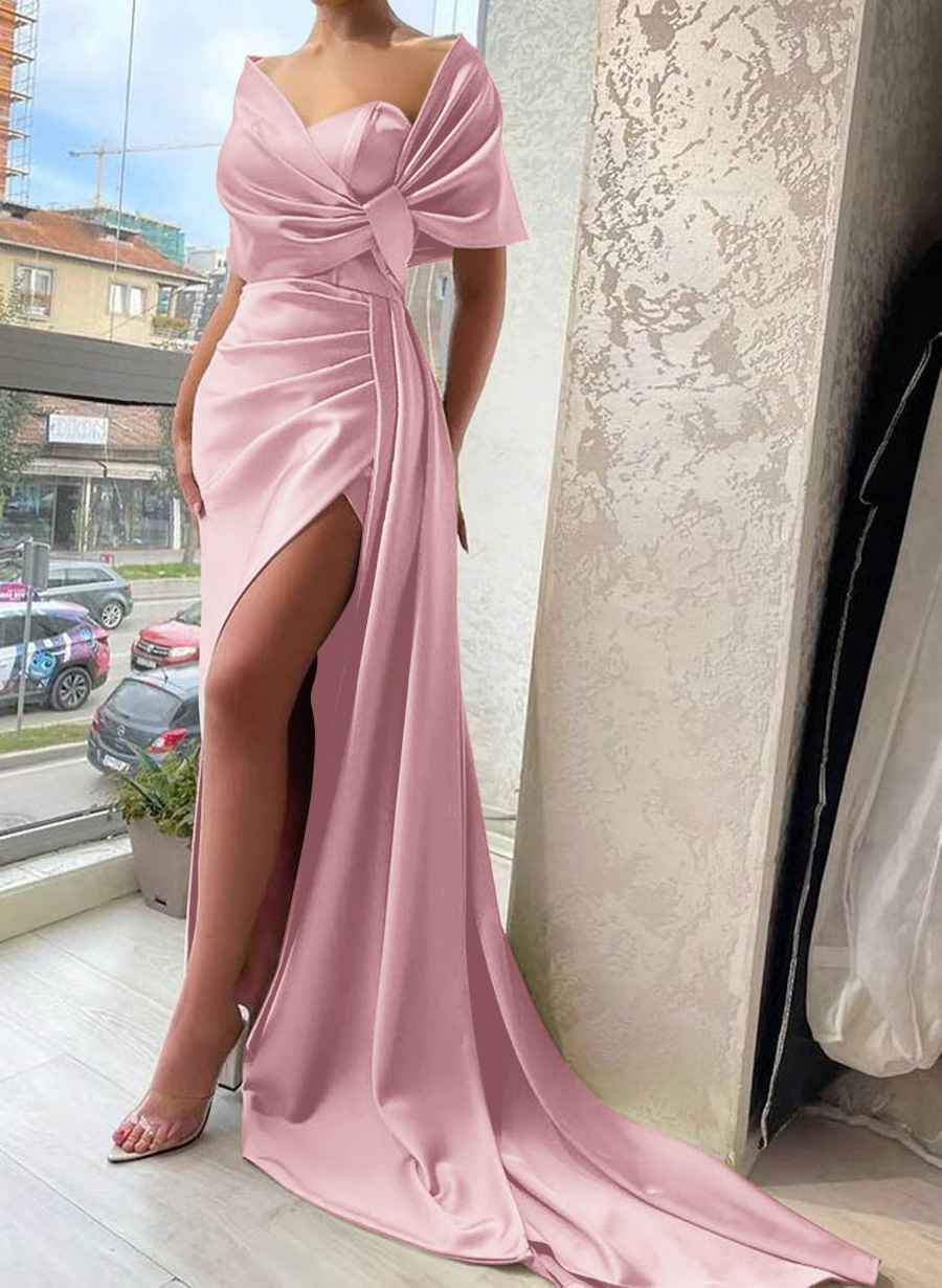 Whimsical Bow Wrap Asymmetric Silk Like Satin Bridesmaid Dresses With Front Slit, product image 5