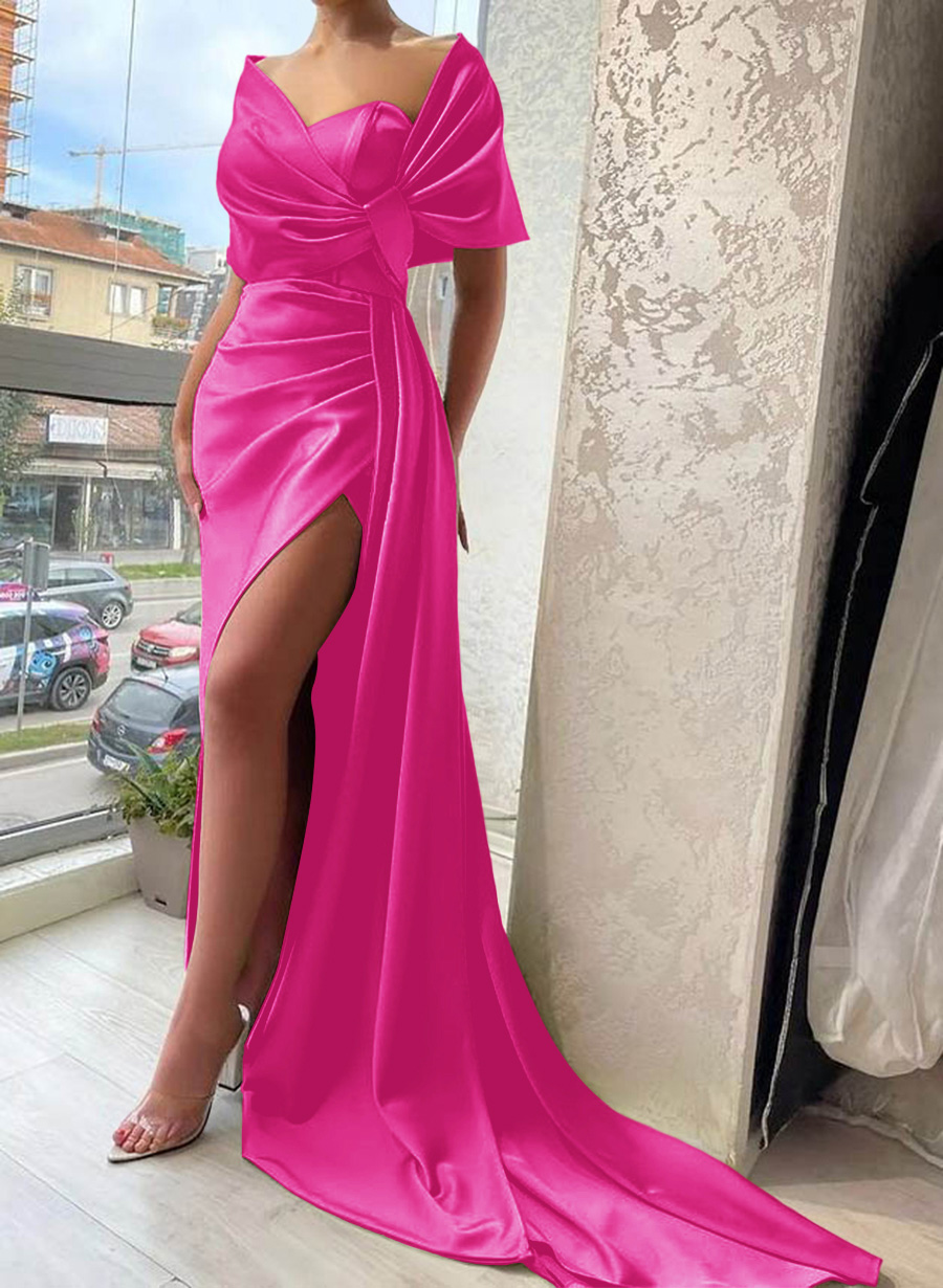 Whimsical Bow Wrap Asymmetric Silk Like Satin Bridesmaid Dresses With Front Slit, product image 177