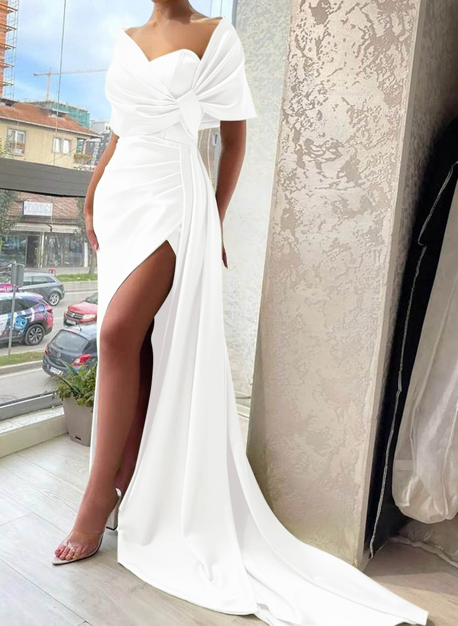 Whimsical Bow Wrap Asymmetric Silk Like Satin Bridesmaid Dresses With Front Slit, product image 77