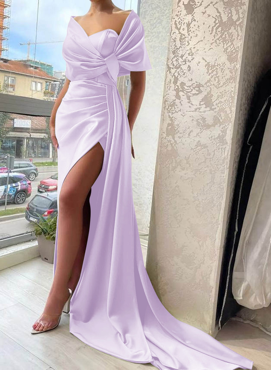 Whimsical Bow Wrap Asymmetric Silk Like Satin Bridesmaid Dresses With Front Slit, product image 57
