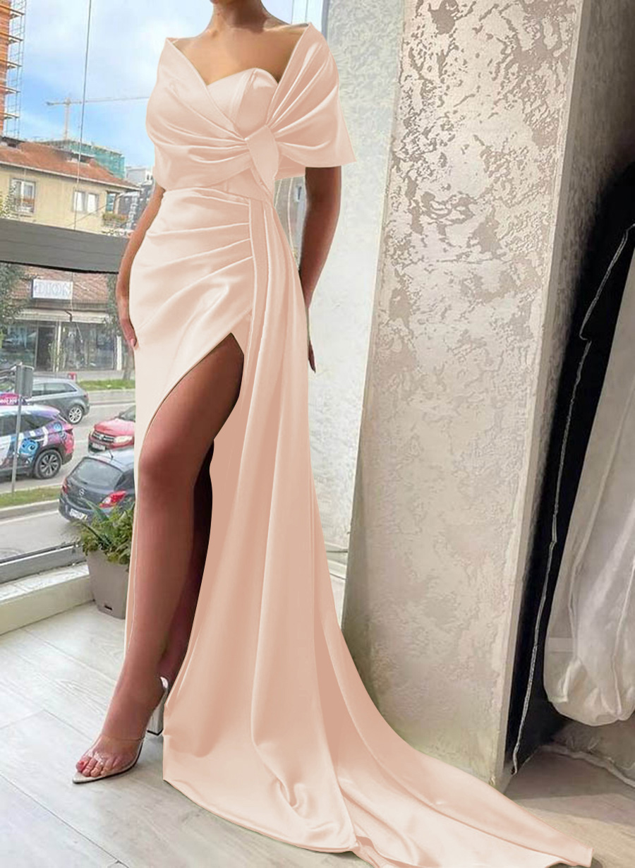 Whimsical Bow Wrap Asymmetric Silk Like Satin Bridesmaid Dresses With Front Slit, product image 69