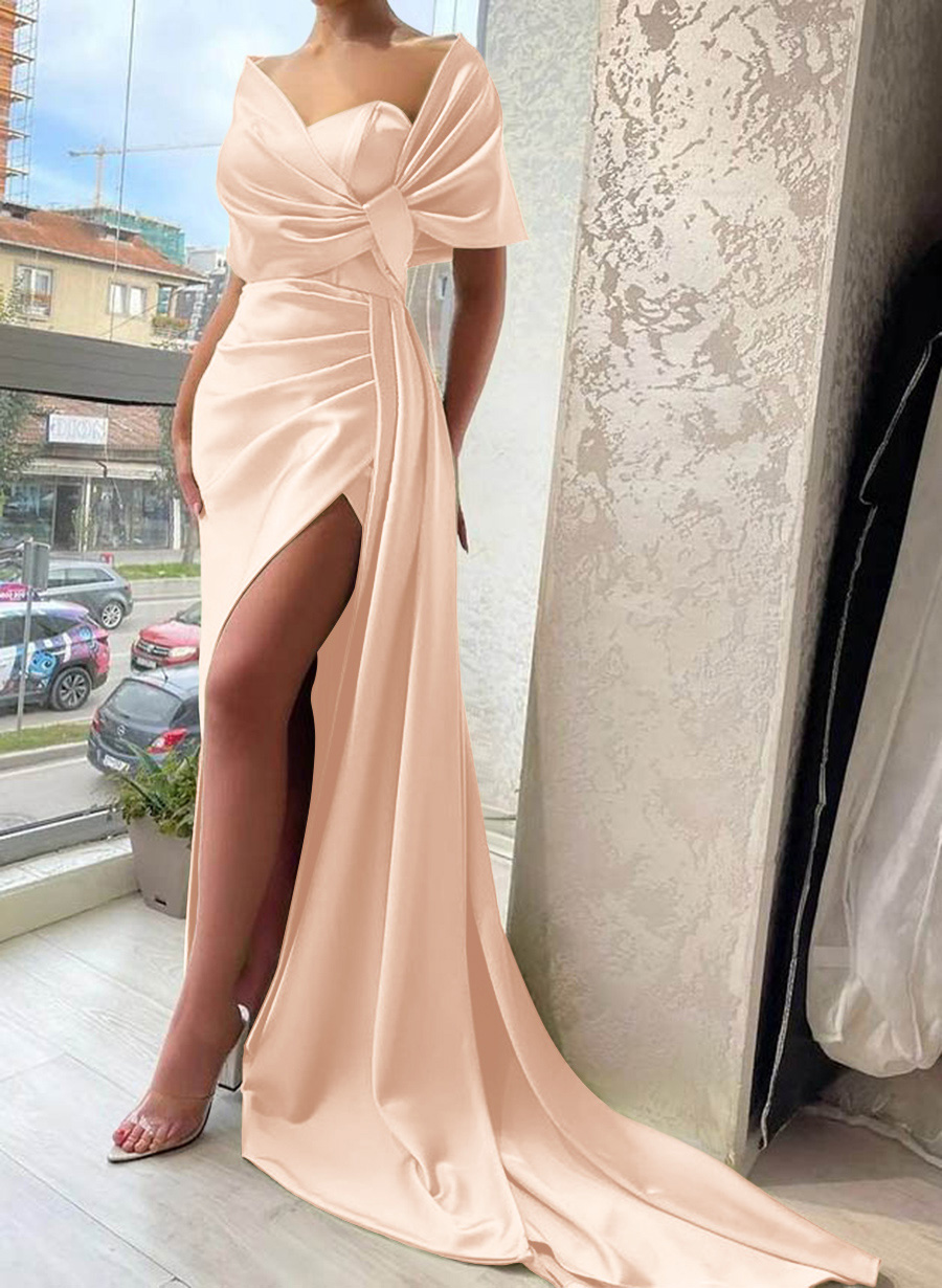 Whimsical Bow Wrap Asymmetric Silk Like Satin Bridesmaid Dresses With Front Slit, product image 185