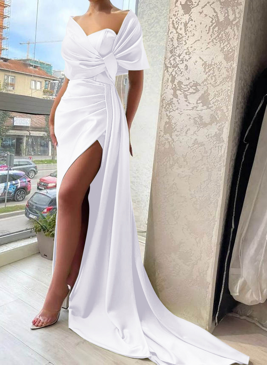 Whimsical Bow Wrap Asymmetric Silk Like Satin Bridesmaid Dresses With Front Slit, product image 169