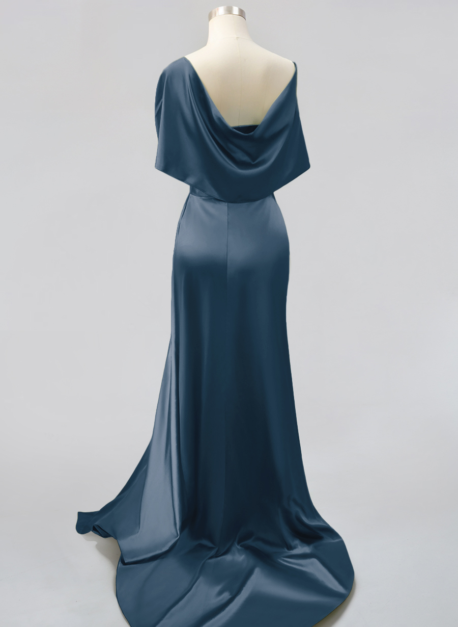 Whimsical Bow Wrap Asymmetric Silk Like Satin Bridesmaid Dresses With Front Slit, product image 90