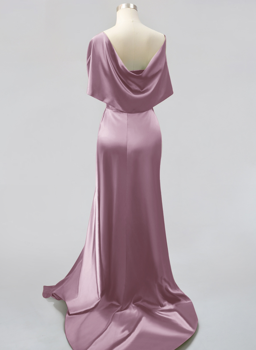 Whimsical Bow Wrap Asymmetric Silk Like Satin Bridesmaid Dresses With Front Slit, product image 74