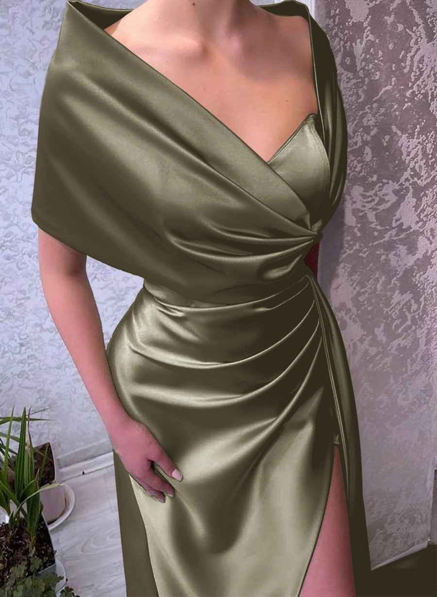 Whimsical Bow Wrap Asymmetric Silk Like Satin Bridesmaid Dresses With Front Slit, product image 183