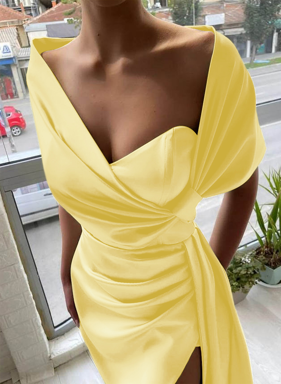 Whimsical Bow Wrap Asymmetric Silk Like Satin Bridesmaid Dresses With Front Slit, product image 104