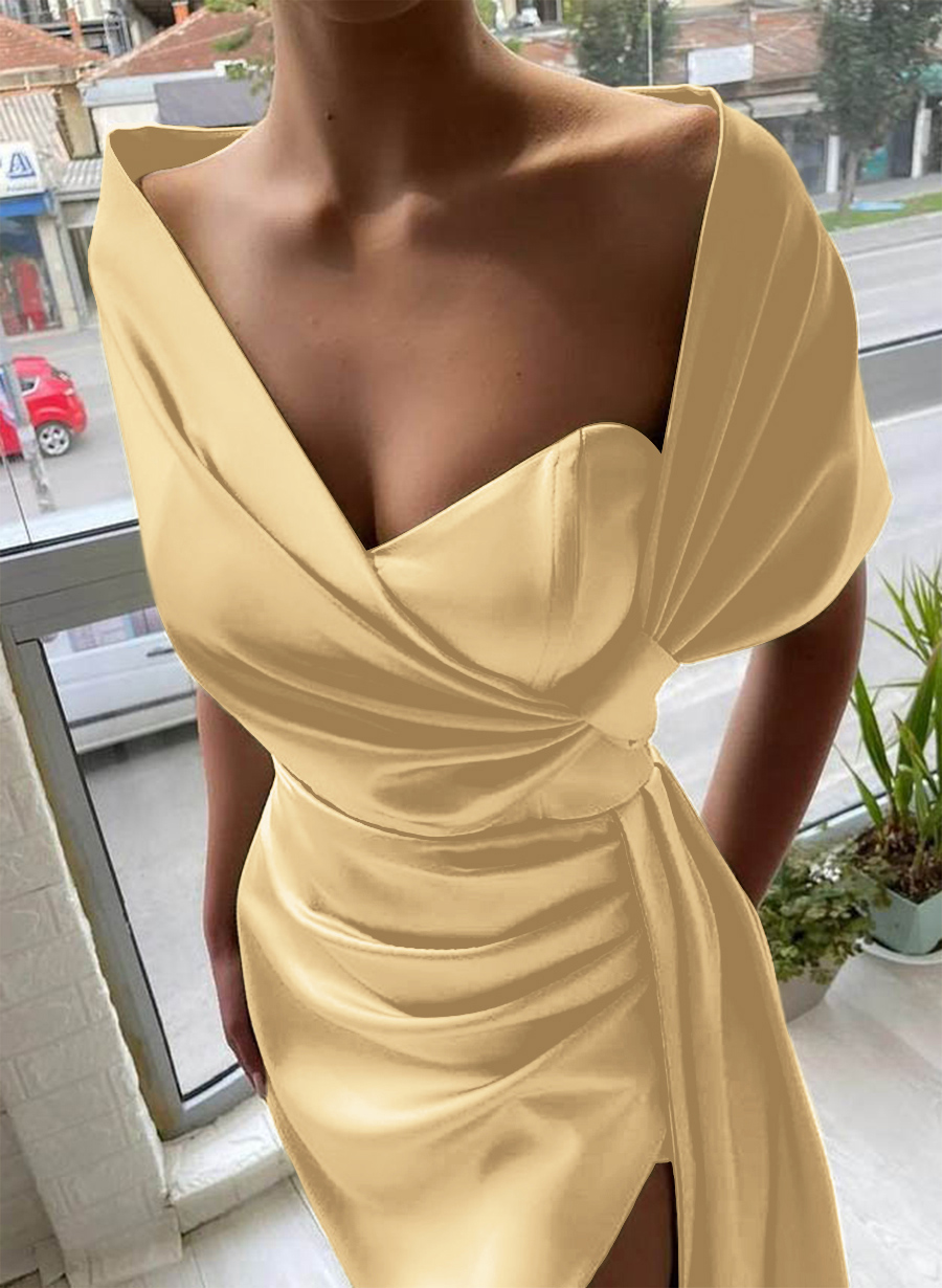 Whimsical Bow Wrap Asymmetric Silk Like Satin Bridesmaid Dresses With Front Slit, product image 140